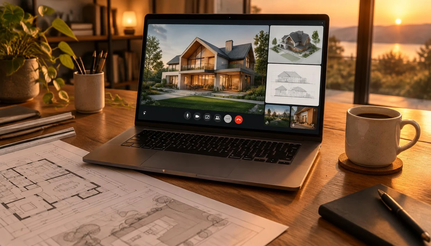 Videollamada con el render 3D de una casa y planos sobre el escritorio