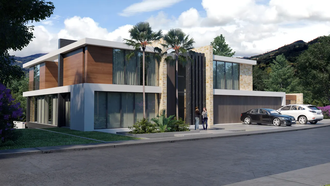Render 3D de la fachada de la Casa Rengifo, casa moderna de dos pisos en piedra y madera