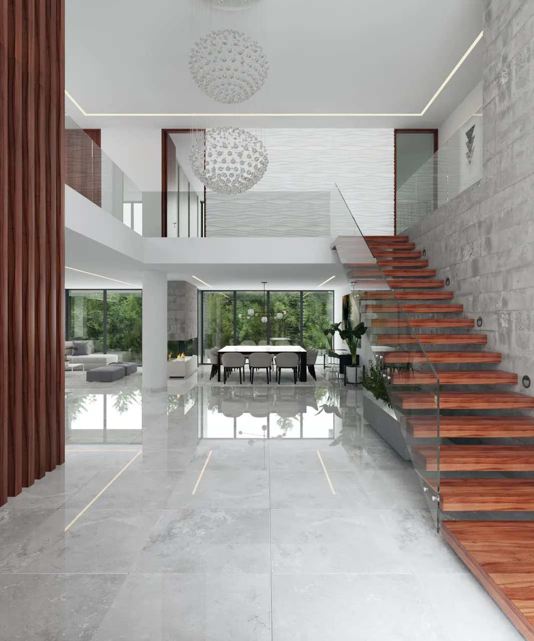 Render 3D de la doble altura con escalera flotante de madera en la Casa Rengifo